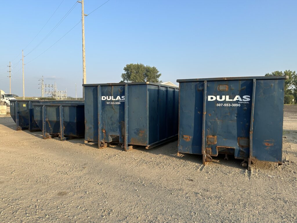 4 sizes of blue rolloff dumpsters